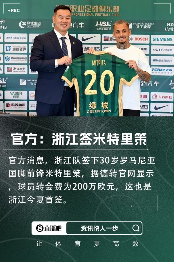 转会费200万欧！官方：罗马尼亚国脚翼锋米特里策加盟浙江FC