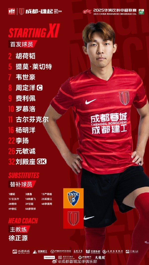云南玉昆vs成都蓉城 比赛首发名单出炉！成都，雄起！