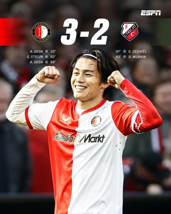 荷甲射手王！上田绮世双响+致胜球  助费耶诺德登顶，8轮荷甲