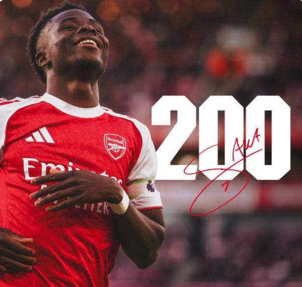 萨卡迎阿森纳生涯200场英超里程碑之战，此前贡献54球51助