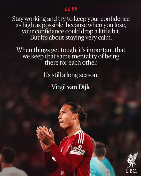 范戴克谈双红会失利：我们要保持冷静相互扶持，赛季还很漫长