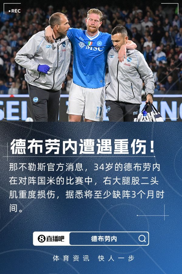 重伤！官方：德布劳内右大腿股二头肌重度损伤 据悉至少缺阵3个