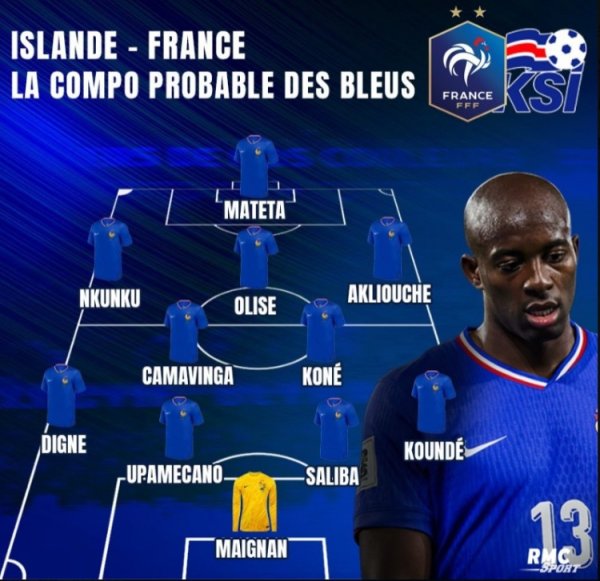 法媒预测法国对阵冰岛首发：马特塔出战，于帕、萨利巴搭档中卫