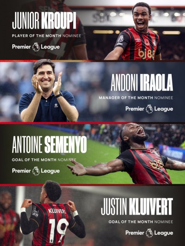 表现优异！伯恩茅斯入围英超10月最佳指导教练员、最佳球员、最