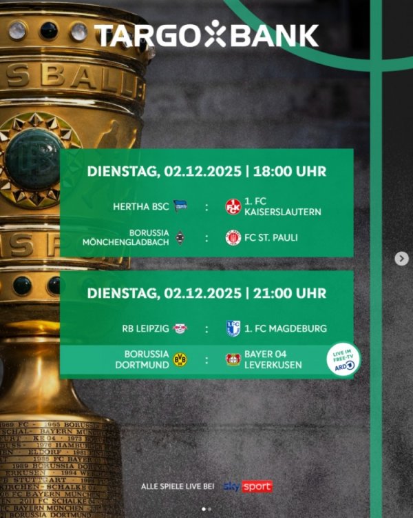 德国杯1/8决赛时间：12月3日4点药厂vs多特 4日3:4